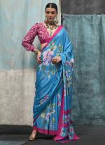 Pure Silk Crepe Sky Blue Traditional Wear Printed Saree